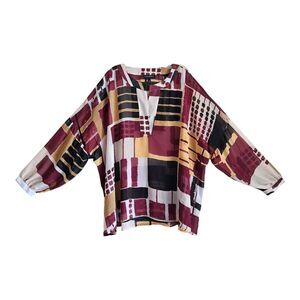 LANE BRYANT Women's Plus 22 24 Tunic Top Geometric Burgundy Yellow Oversized 66"